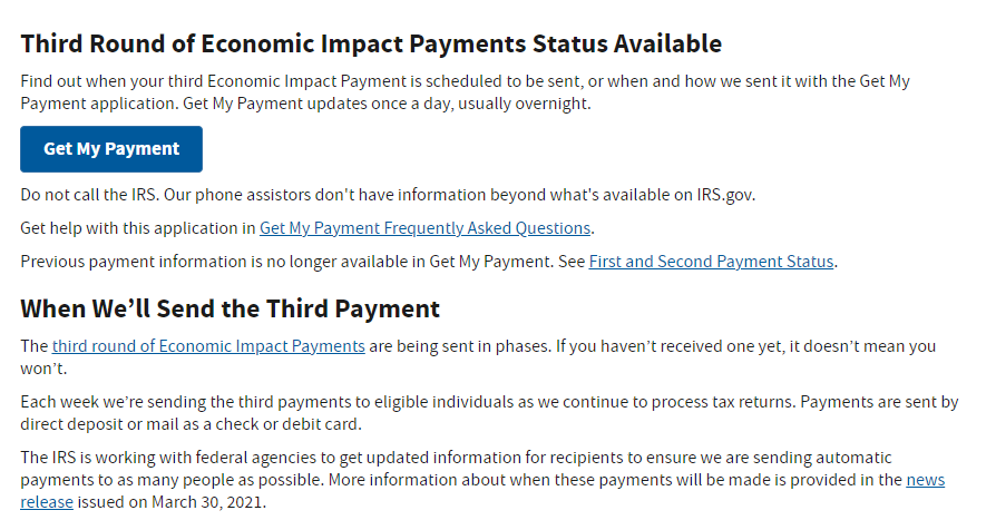 Third Round of Economic Impact Payments Status Available