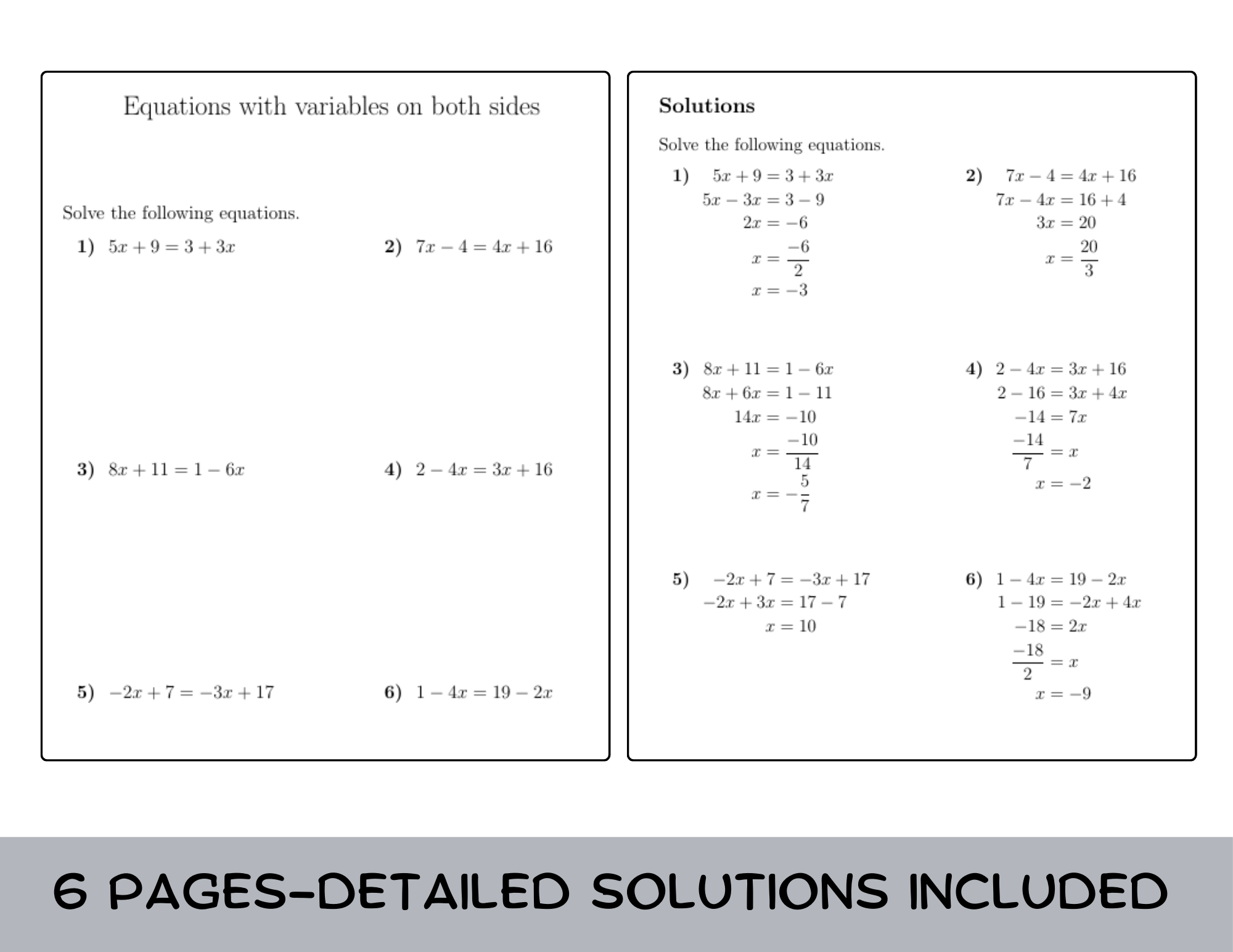 Writing Equations with Variables on Both Sides Answer Key