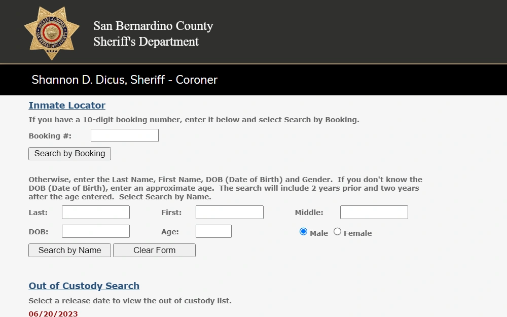 San Bernardino County Sheriff's Inmate Locator
