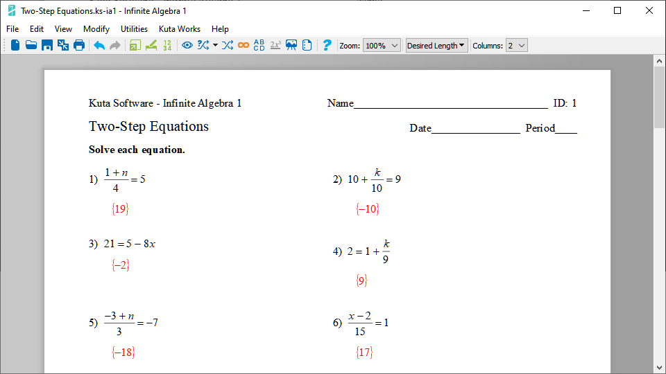 Kuta Software Infinite Algebra 2 Answer Key